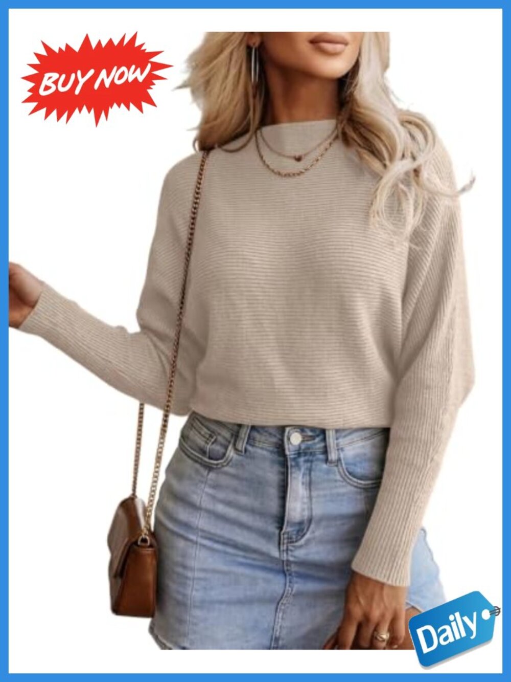 CHICME Womens Ribbed Knit Boatneck Batwing Sleeve Crop Sweater Pullover